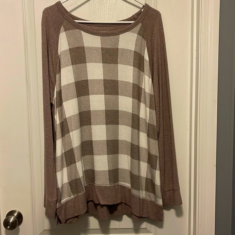 Sonoma Plaid raglan sweater, taupe, plus size XXL